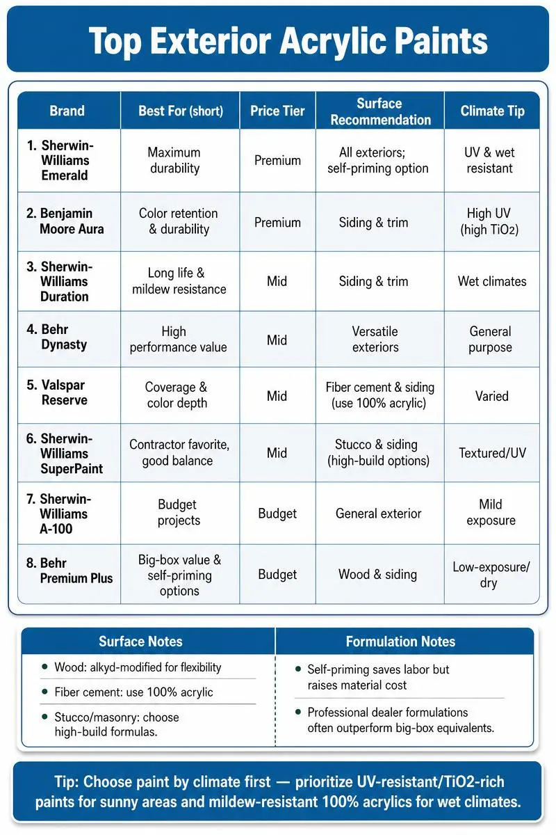 Infographic comparing eight exterior acrylic paints by brand, surface, price tier, climate tips, with one climate-first buying tip.