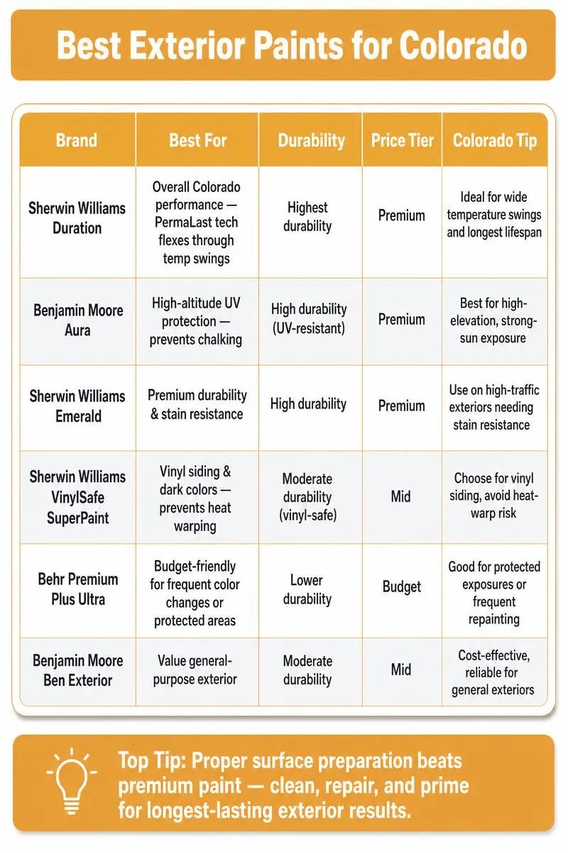 800x1200 infographic comparing 6 exterior paints for Colorado; includes brand, best-for, durability, price, and top tip about surface prep.