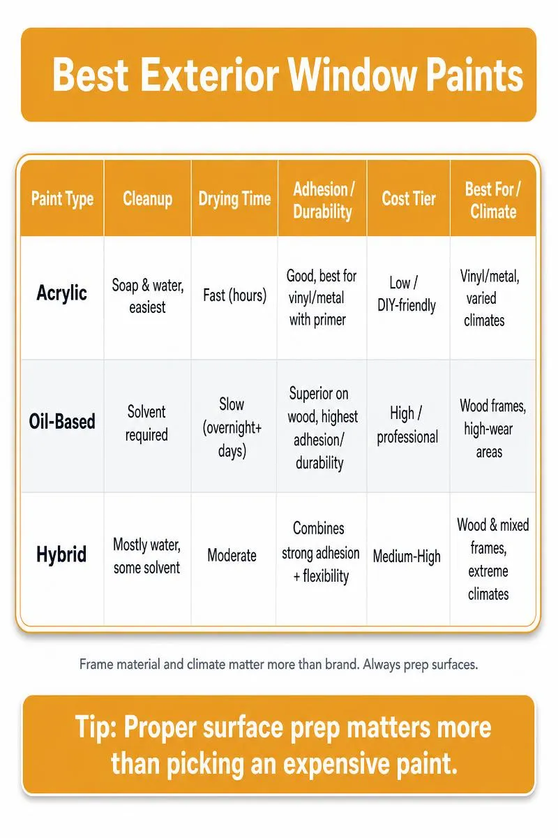 Infographic comparing acrylic, oil-based, and hybrid exterior window paints with a tip to prioritize surface prep.