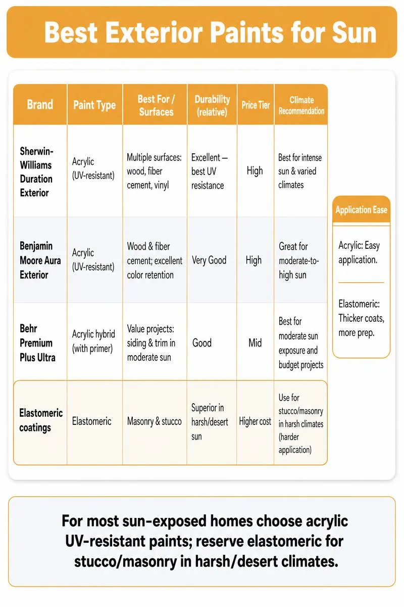 Comparison infographic of Sherwin-Williams, Benjamin Moore, Behr and elastomeric coatings for sun exposure guidance.