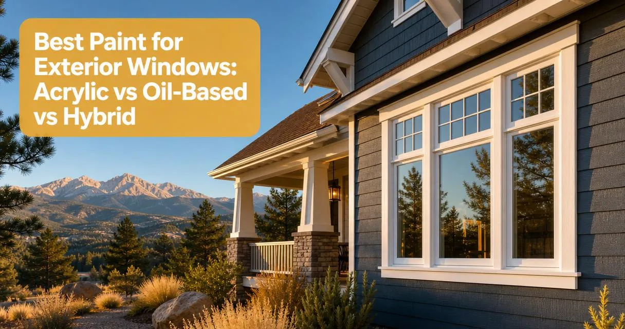 Sunlit painted Craftsman home with crisp trim and exterior windows, Colorado foothills backdrop, golden hour lighting