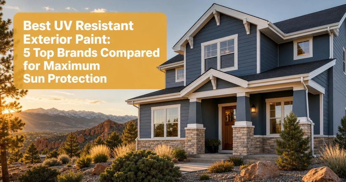Freshly painted muted slate blue mountain-style home exterior showing UV resistant exterior paint with Colorado foothills and native landscaping