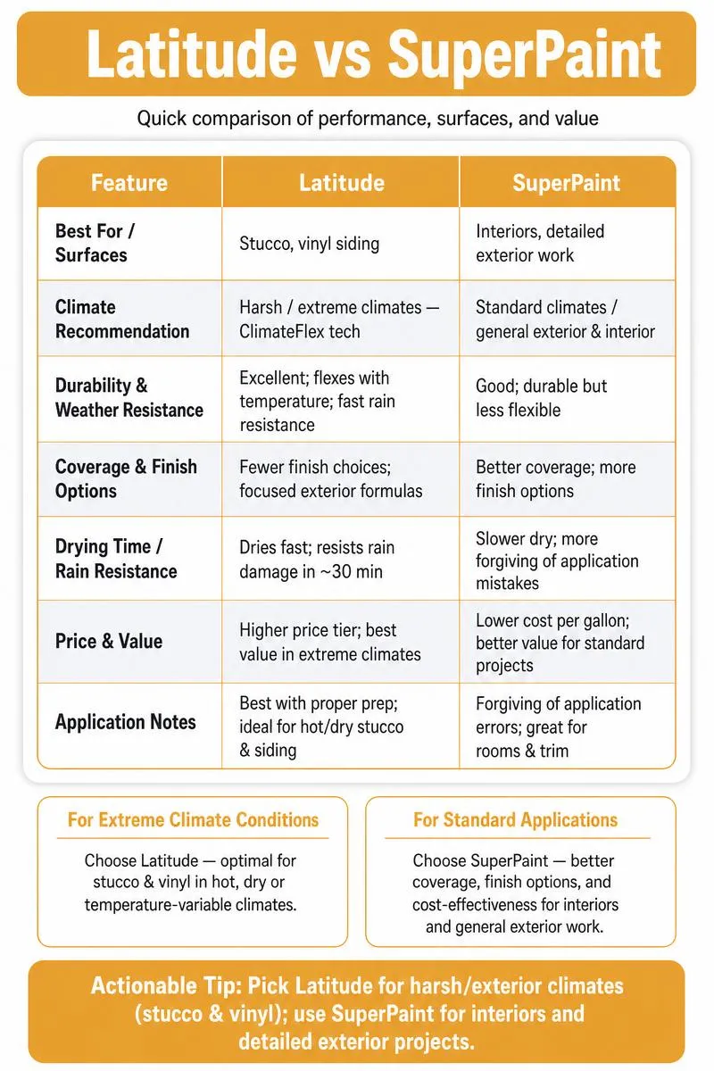 Simple comparison infographic: Latitude vs SuperPaint — surfaces, climate, durability, coverage, price, and recommendation.