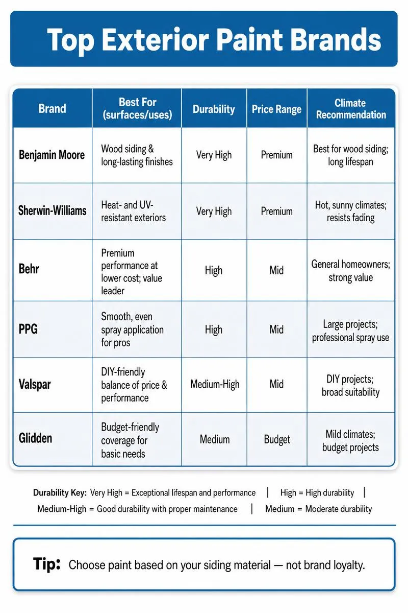 Infographic comparing 6 exterior paint brands by best use, durability, price, climate; tip to choose by siding material.