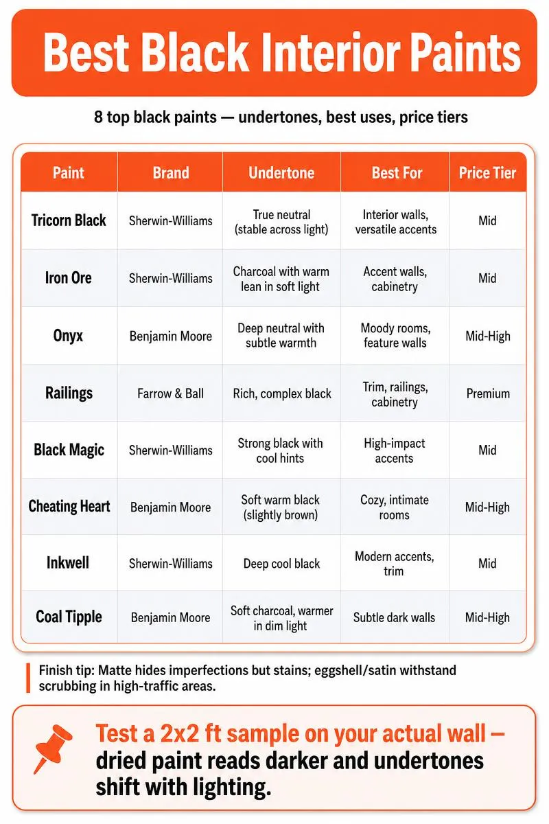 Comparison infographic of 8 black interior paints: brands, undertones, best uses, price tiers, and a sample-testing tip.