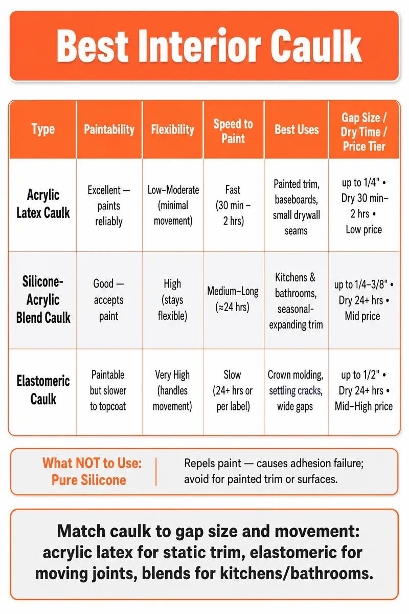 Comparison infographic of acrylic latex, silicone-acrylic blend, and elastomeric caulks with a selection tip.