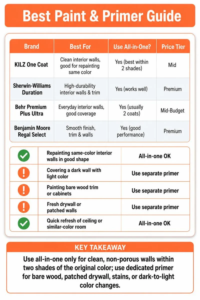 Clean infographic comparing paint-and-primer brands, use cases, and a bottom tip about when to use primer.