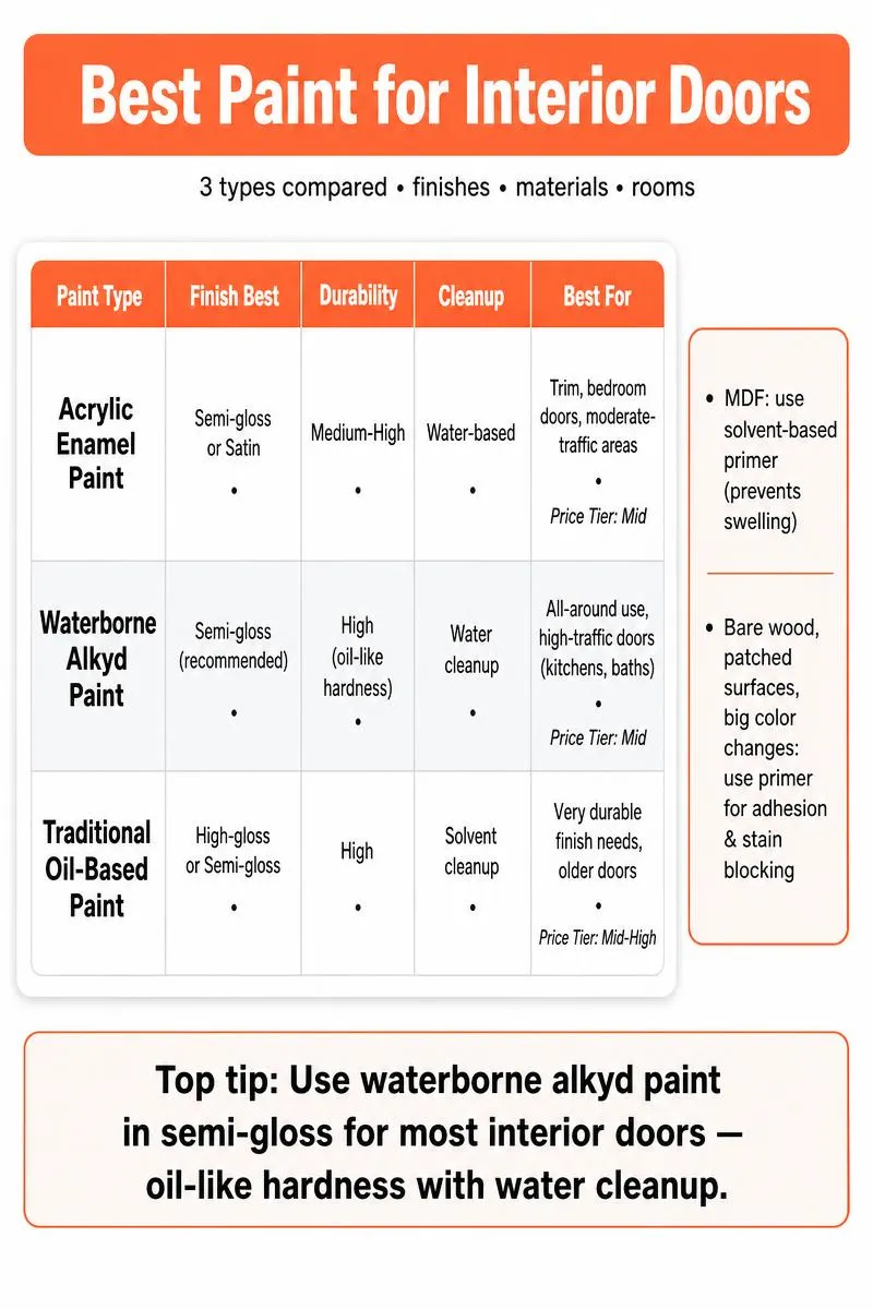 Clean infographic comparing acrylic enamel, waterborne alkyd, and oil-based door paints; recommends waterborne alkyd in semi-gloss.
