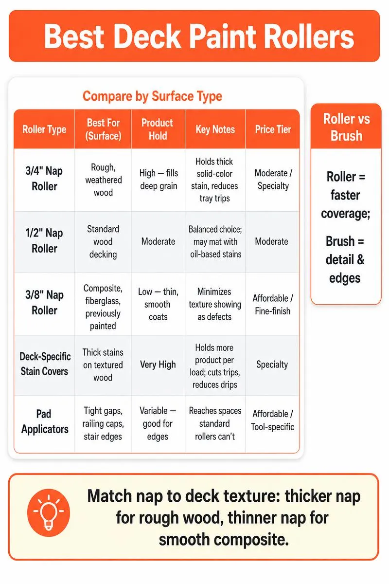 Comparison chart of five deck paint rollers by nap, surface, product hold, and key notes; tip: match nap to texture.