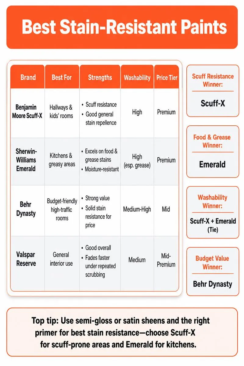 Infographic comparing 4 stain-resistant interior paints with table, winners, and a tip.