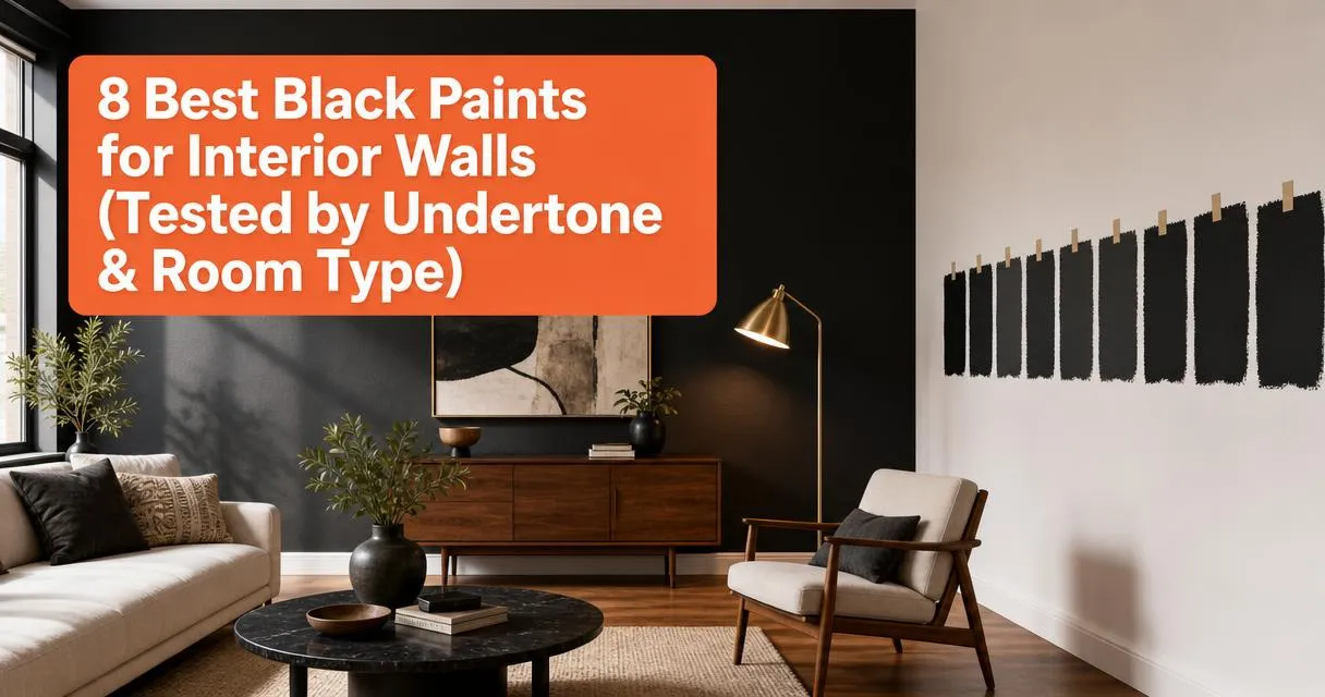 Modern living room with a black accent wall and paint swatches comparing the best black interior wall paints