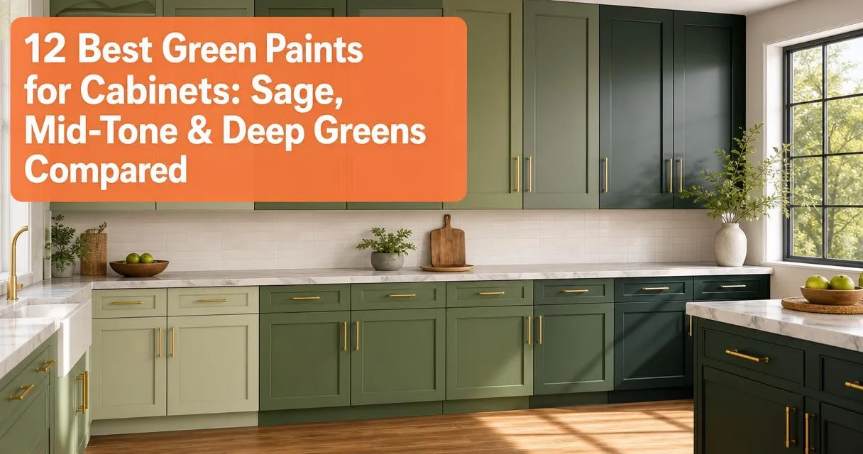 Modern kitchen with green painted cabinets in shades from sage to deep forest showing paint color comparison