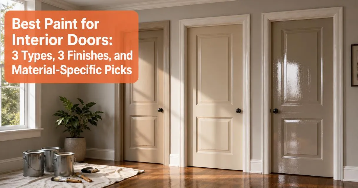 Interior hallway with three doors painted in satin semi-gloss and high-gloss finishes showing paint sheen differences