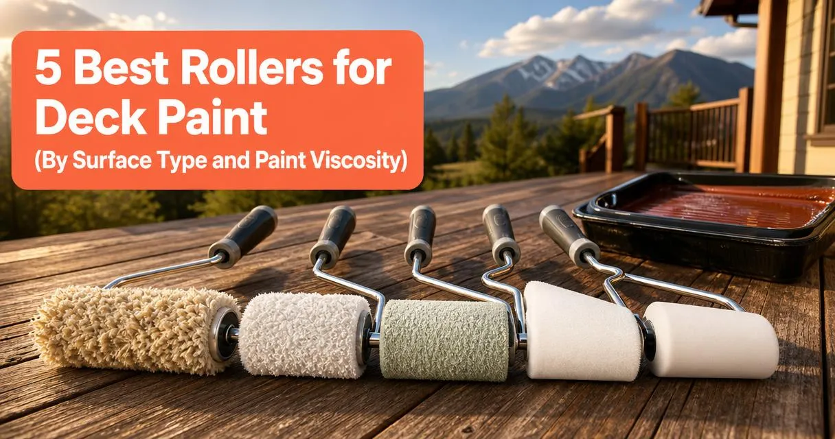 Five deck paint rollers of varying nap thickness displayed on weathered decking with Colorado foothills backdrop