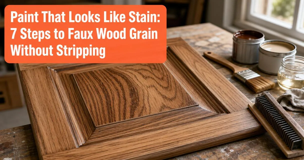 Cabinet door panel with faux wood grain finish created using paint and glaze alongside graining tool and supplies