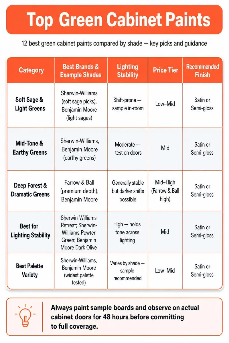 Clean infographic comparing top green cabinet paints, brands, lighting stability, price tiers, and a 48-hour sampling tip.