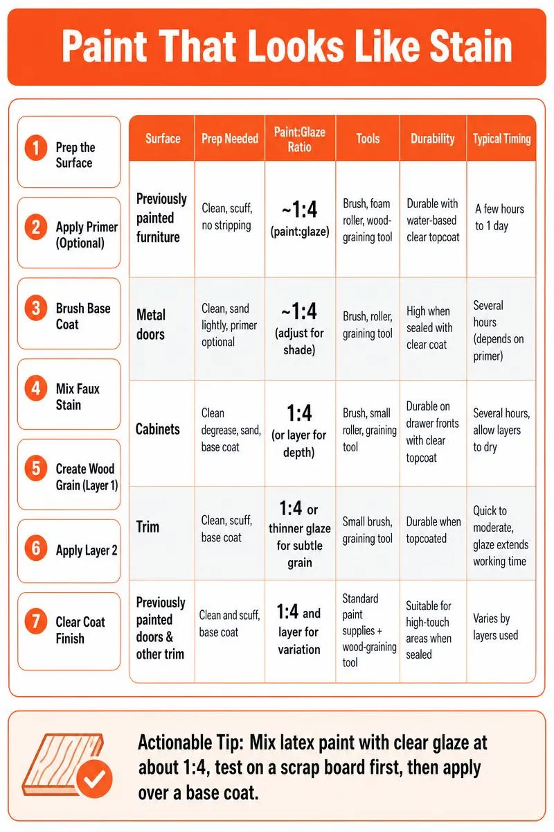 Clean infographic: title 'Paint That Looks Like Stain', table comparing surfaces, prep, ratio, tools, durability, timing, and a bottom tip.