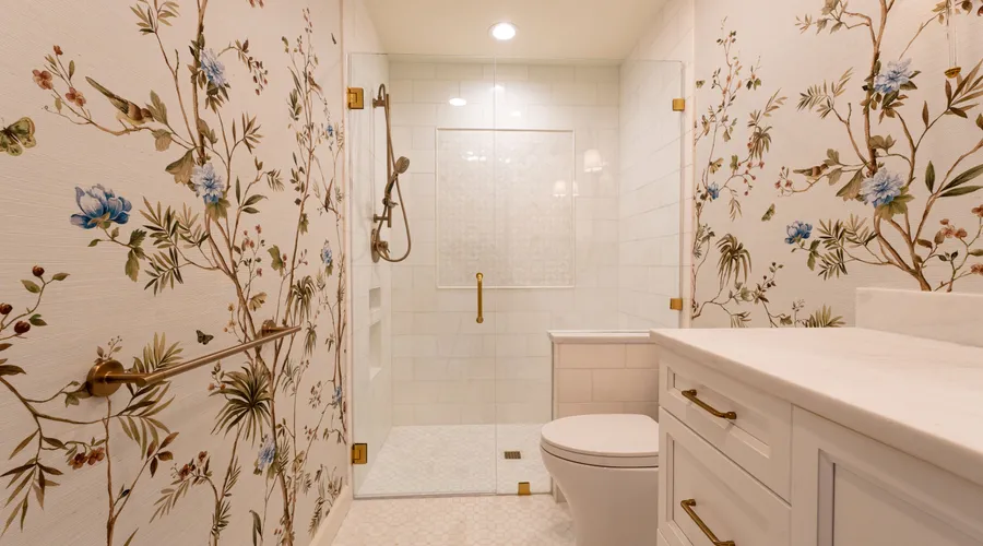 Durability and Lifespan - Luxurious bathroom with floral wallpaper and modern fixtures