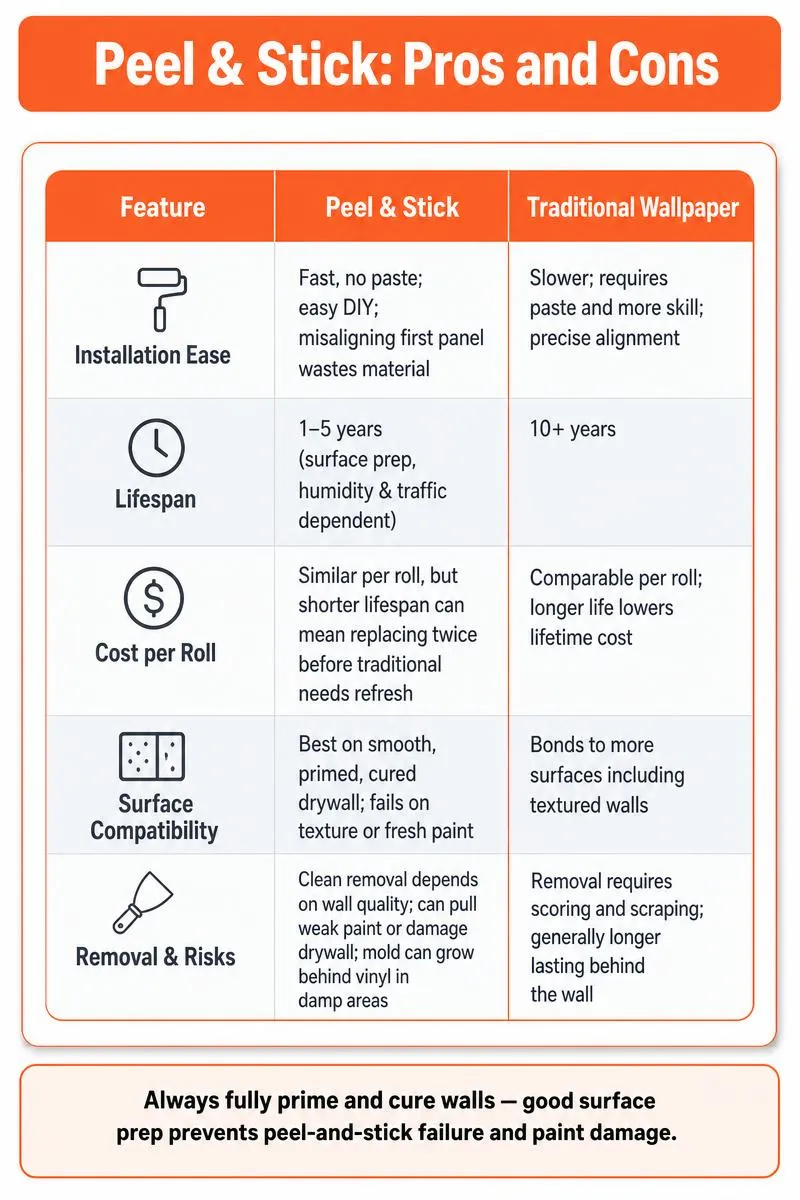Comparison infographic: peel-and-stick vs traditional wallpaper—installation, lifespan, cost, surfaces, removal, top tip.