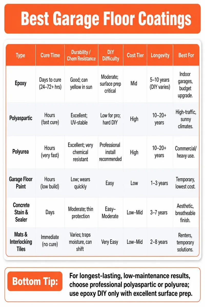 Infographic comparing 6 garage floor coatings with cure time, durability, DIY difficulty, cost, longevity, and one clear bottom tip.