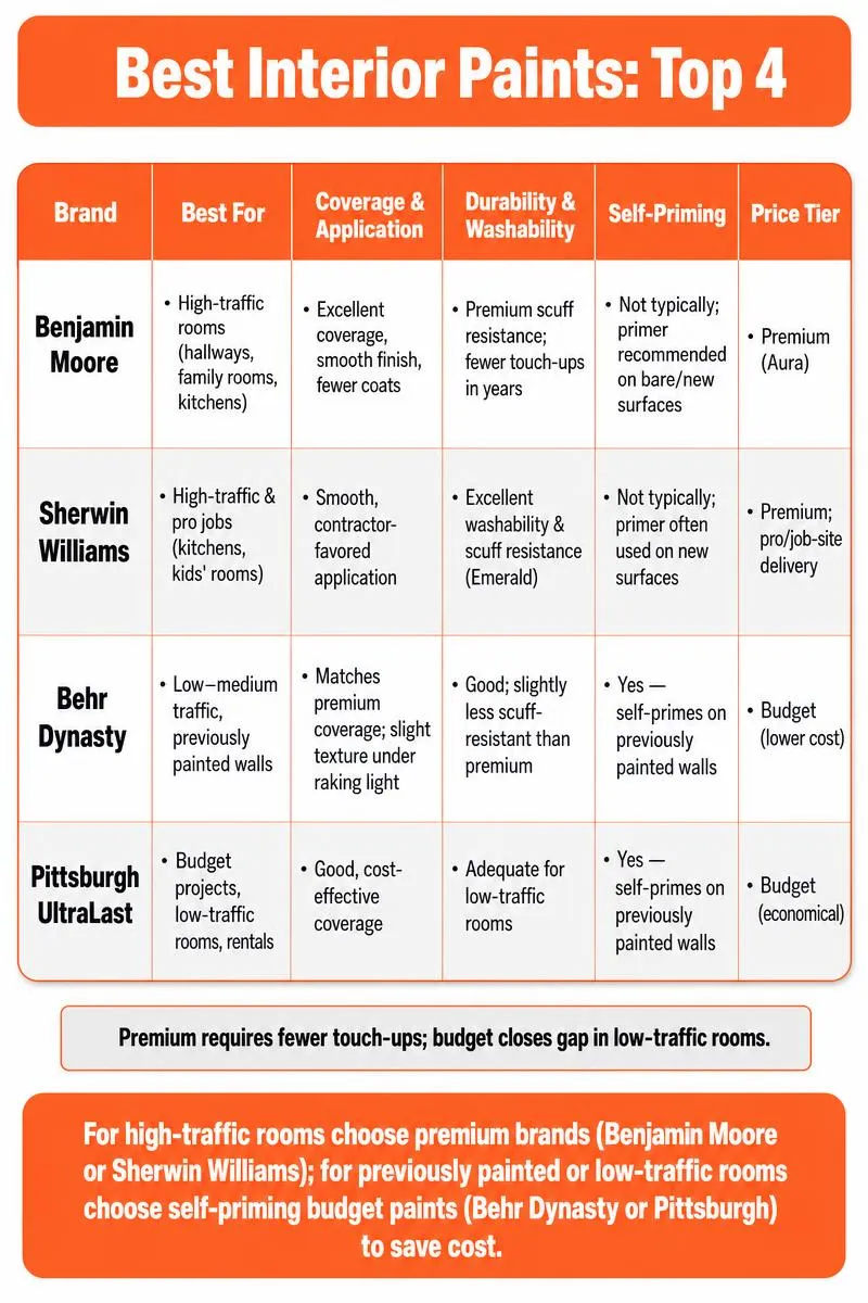 Infographic comparing 4 interior paint brands with table of Best For, Coverage, Durability, Self-Priming, Price tier and a bottom actionable tip.