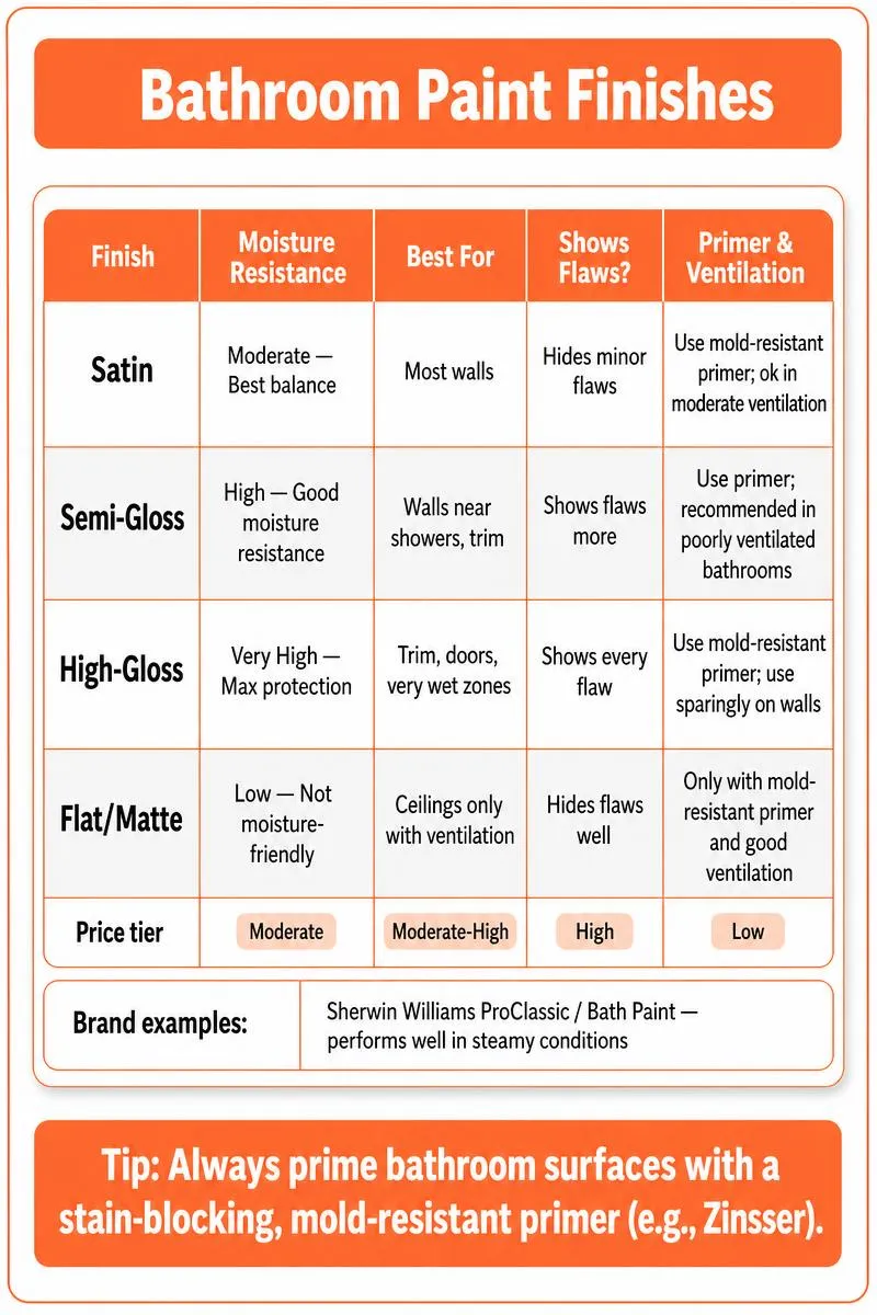 Infographic comparing satin, semi-gloss, high-gloss, and flat bathroom paint finishes with moisture, best uses, primer tip.