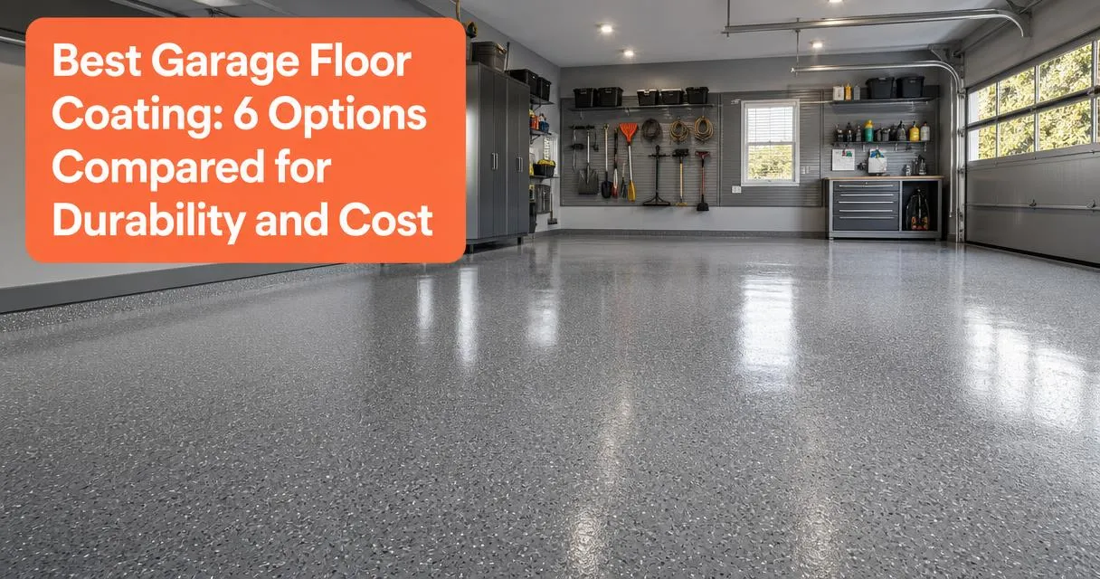 Glossy coated garage floor with speckled gray finish reflecting overhead lights in a clean modern garage interior