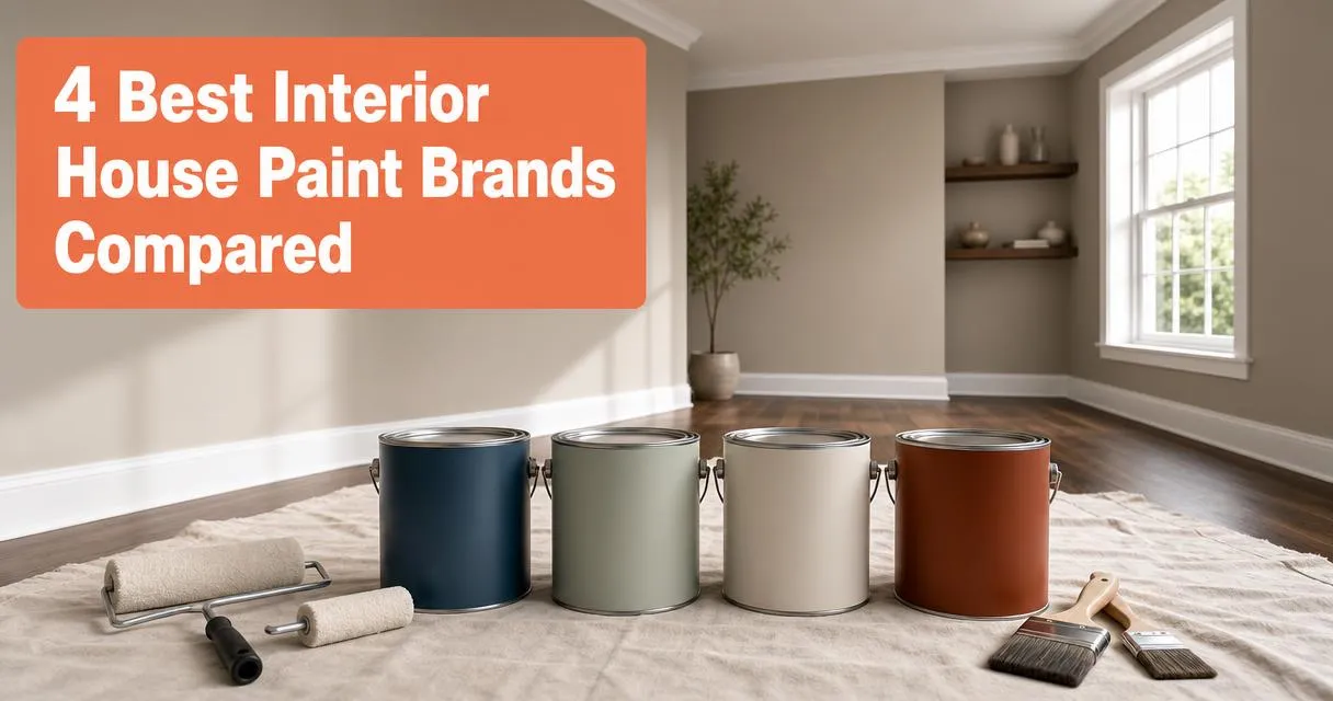Four interior house paint brand cans displayed in a freshly painted living room with smooth neutral walls and natural window light