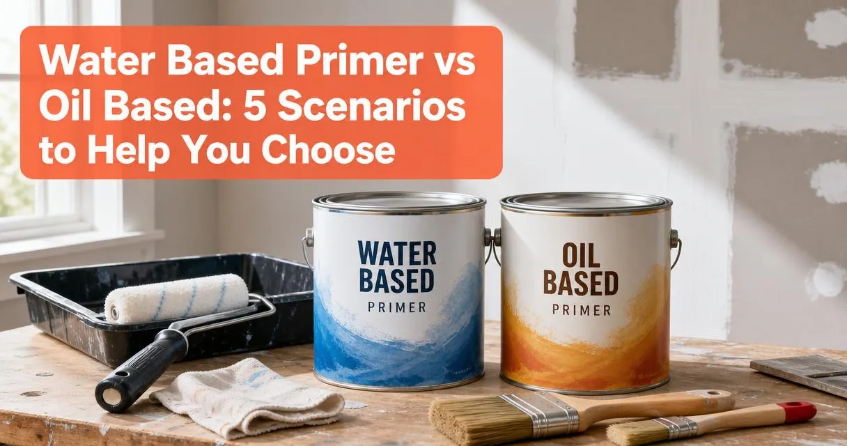 Two primer paint cans with brushes and rollers on a workbench comparing water based vs oil based primer
