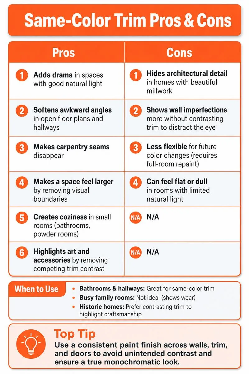 Infographic comparing pros and cons of same-color trim vs contrasting trim with table and top tip
