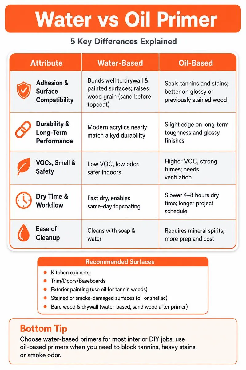 Infographic comparing water-based vs oil-based primer across 5 attributes with a bottom tip.