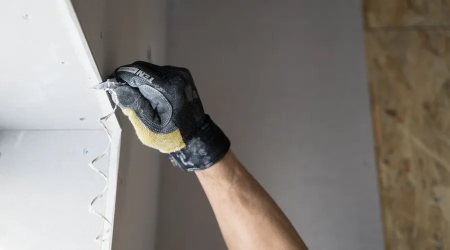 What Is Water-Based Primer? - Close-up of a gloved hand applying plaster to a wall indoors in Falun